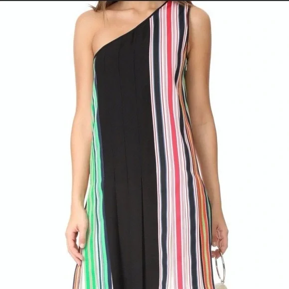 Diane Von Furstenberg- NWT Multicolored Stripe One Shoulder Pleated Mini Dress - Picture 4 of 8